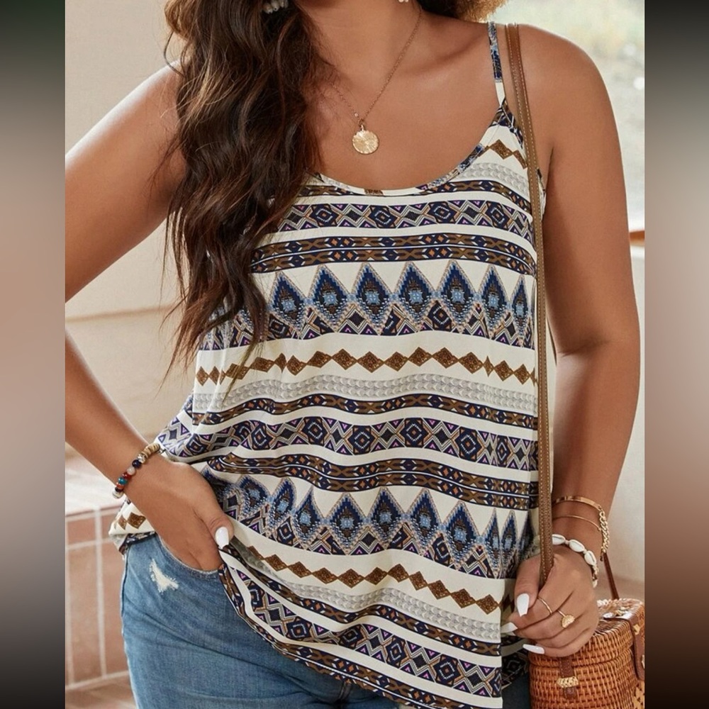 Tribal Print Scoop Neck Camisole - White & Blue